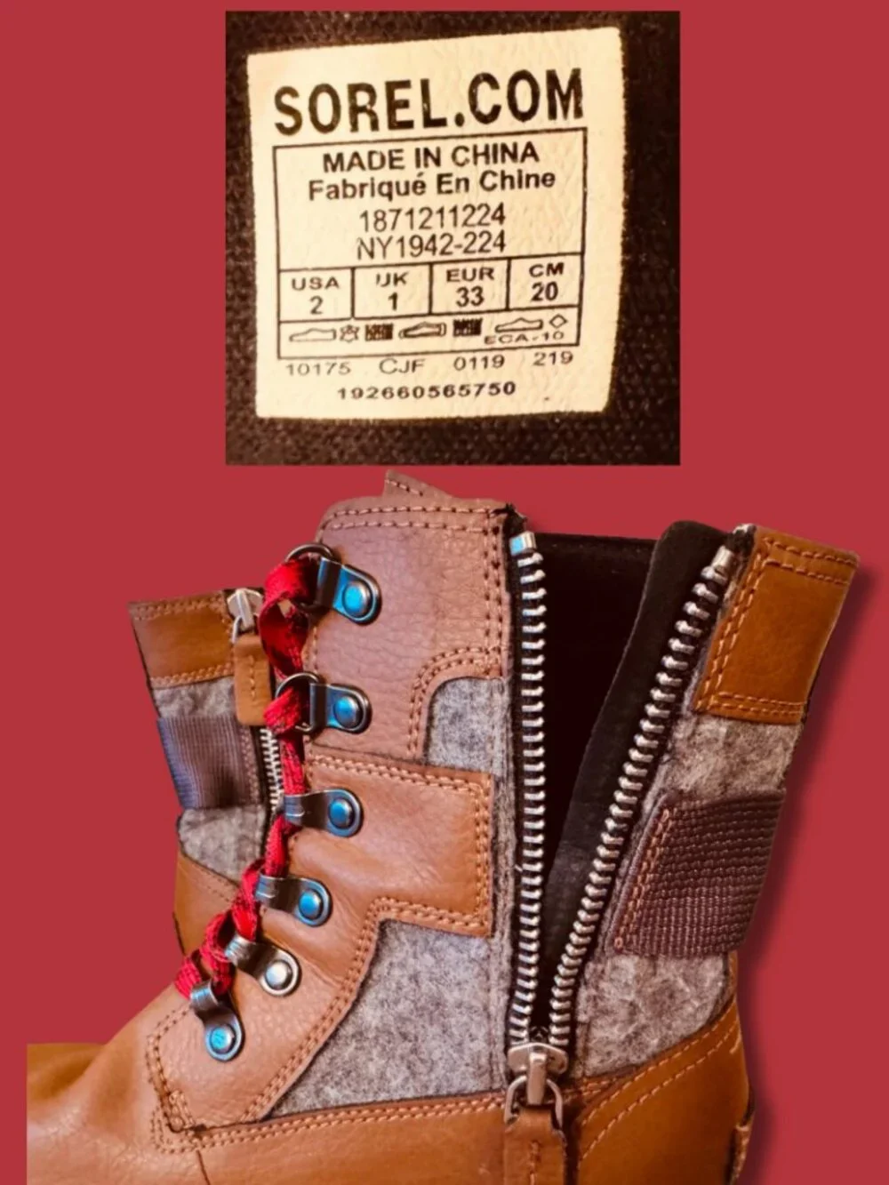 Sorel Emelie Conquest Waterproof Boots Brown Red Kids Size 2 EUC